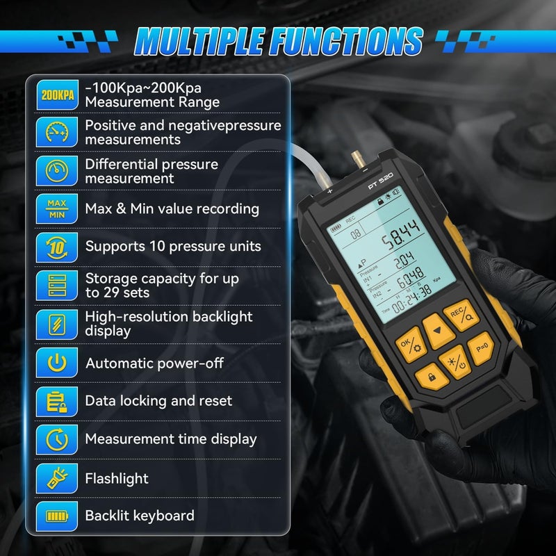 VKALTUL Manometer, Digital Manometer HVAC Dual Port Air Gas Pressure Tester Differential with 10 Units High Accuracy Value 29 Data Stores Backlight Display,-100~200Kpa,-1000~2000mbar - Image 3